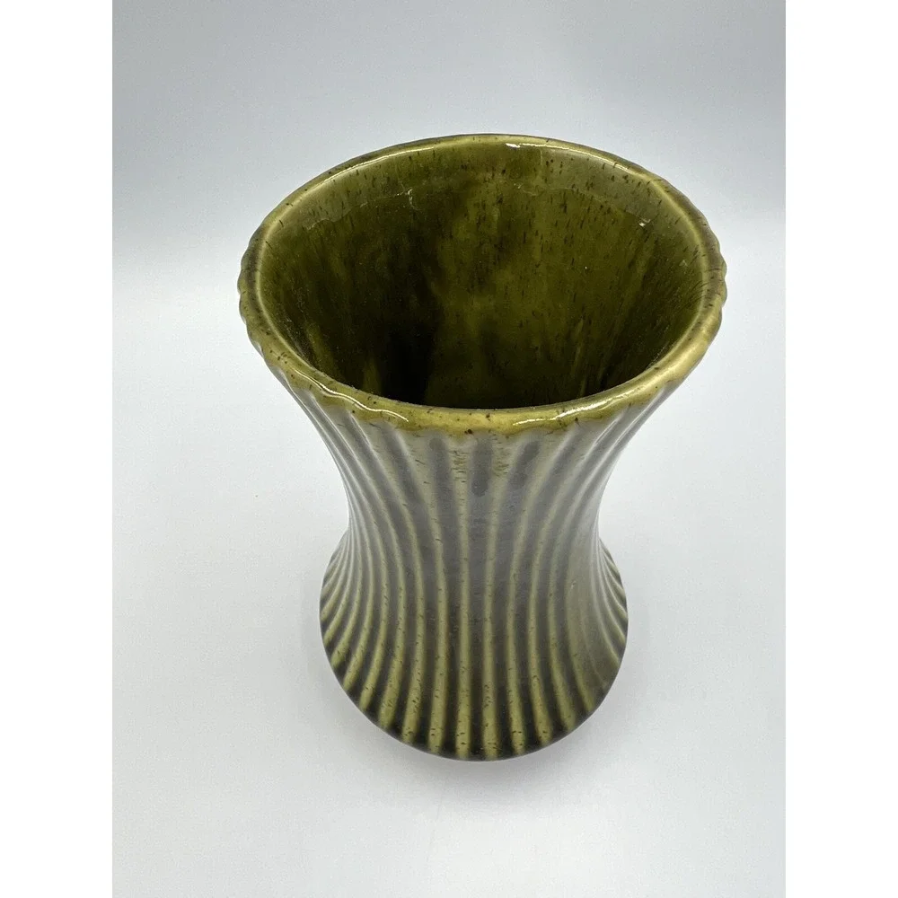 Vintage UPCO Ribbed Green Vase Mid Century Modern Farmhouse Decor Pottery